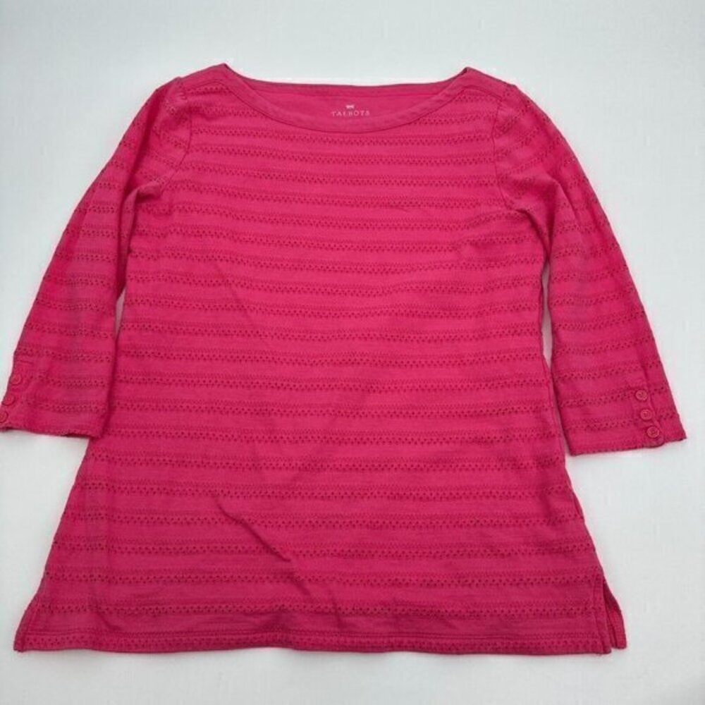 Talbots Womens Shirt Small Pink Eyelet 3/4 Sleeves Preppy Stretch Cotton Knit